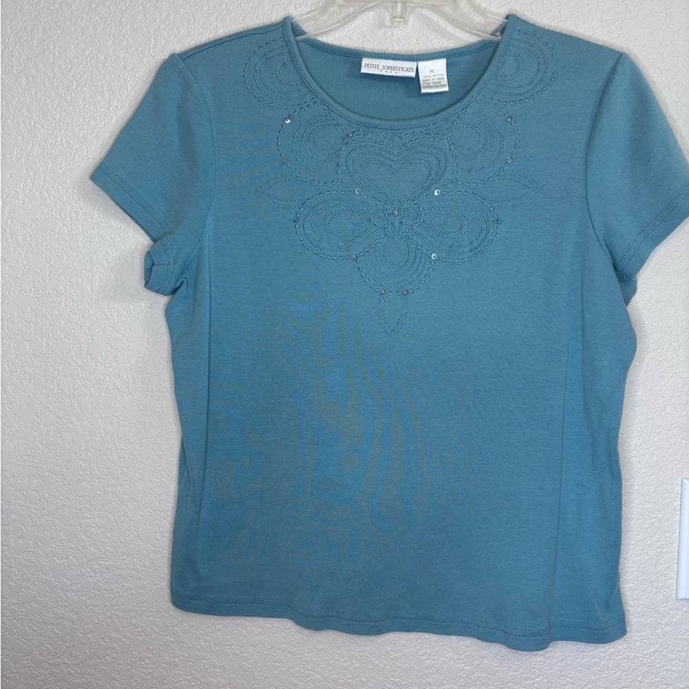 Petite Sophisticate Slate Blue Embellished‎ Fitted T-Shirt